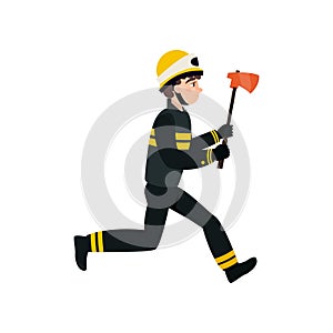 Firefighter Wearing Black Protective Uniform and Helmet Running with Axe, Professional Male Freman Character Doing His Job Vector