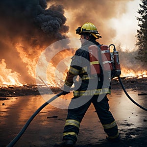 Firefighter at Work Against Inferno