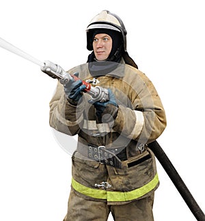 Firefighter working with fog nozzle