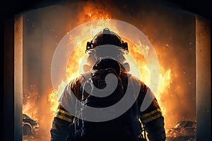 Firefighter works in burning building, fireman on flame background, generative AI