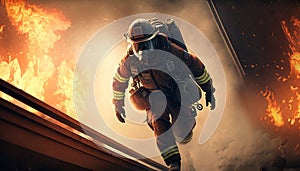 Firefighter works on fire, fireman runs inside burning building, generative AI