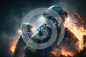 Firefighters in action, big flames. Generative Ai