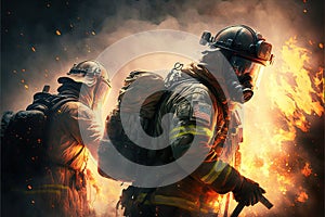 Firefighters in action, big flames. Generative Ai