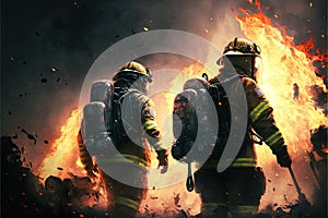 Firefighters in action, big flames. Generative Ai