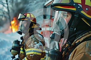 Firefighters in action during a winter emergency scene