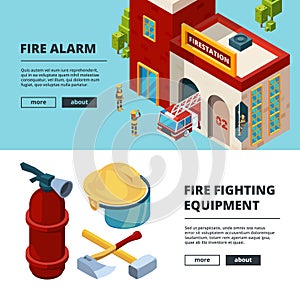 Firefighters banners. Proffesional items fire station wildfire flame uniform rescue man extinguisher vector isometric