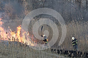 Firefighters battle a wildfire in spring.