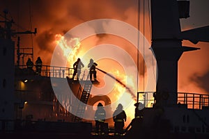 firefighters battling blaze on cargo ship deck