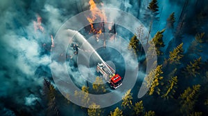 Firefighters control a forest fire spreading in a dense forest with water from a fire truck from an aerial view