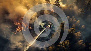 Firefighters control a forest fire spreading in a dense forest with water from a fire truck from an aerial view photo