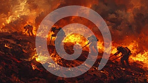 Firefighters digging a fire line their backs bent with exertion against the backdrop of the raging inferno photo