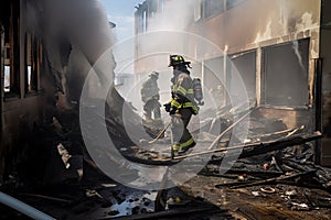 firefighters douse flames and search for any remaining fire hot spots in burned building