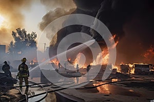 firefighters douse flames with water and suppress the fire, while smoke rises into the air