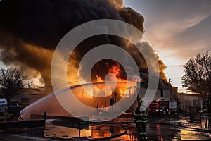 firefighters douse flames with water and suppress the fire, while smoke rises into the air