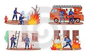 Firefighters. Emergency rescue service workers in uniforms. Firemen saving people of fire concept. Rescuers extinguishing flame.