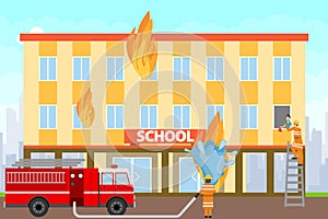 Firefighters extinguish a burning building. Firefighters on a fire truck extinguish the school building with water.