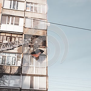 Firefighters extinguish a fire while climbing the stairs, risking their lives in danger in a multi-story building