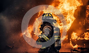 Firefighters extinguish a fire. Using Twirl water fog type fire extinguisher to fighting with the fire flame from oil to control