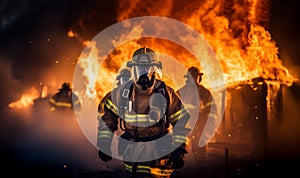 Firefighters extinguish a fire. Using Twirl water fog type fire extinguisher to fighting with the fire flame from oil to control