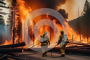 Firefighters extinguish a forest fire. Generative AI