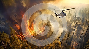 Firefighters extinguish a forest fire with a helicopter at night. Generative AI.