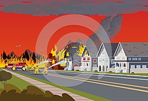 Firefighters Extinguish Town. Concept Forest Fire.