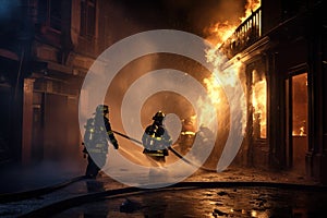 Firefighters extinguishing a fire in a building at night Ai generated