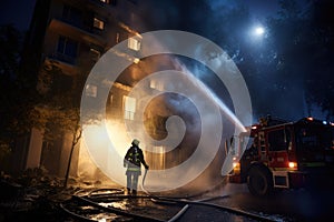 Firefighters extinguishing a fire in a building at night Ai generated