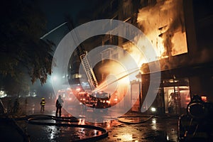 Firefighters extinguishing a fire in a building at night Ai generated