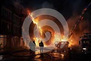 Firefighters extinguishing a fire in a building at night Ai generated