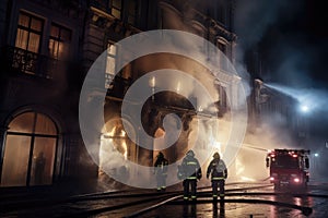 Firefighters extinguishing a fire in a building at night Ai generated