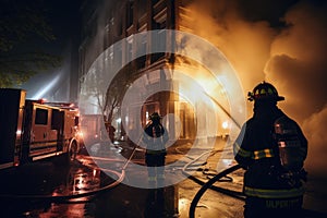 Firefighters extinguishing a fire in a building at night Ai generated