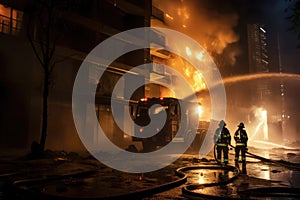 Firefighters extinguishing a fire in a building at night Ai generated