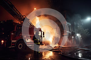 Firefighters extinguishing a fire in a building at night Ai generated