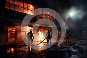 Firefighters extinguishing a fire in a building at night Ai generated