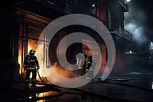 Firefighters extinguishing a fire in a building at night Ai generated