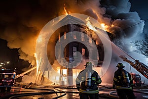 Firefighters extinguishing a fire in a building at night. Firefighters fighting a fire. American large building is on fire and