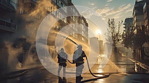 Firefighters extinguishing fire on urban street at sunset. International Firefighters\' Day