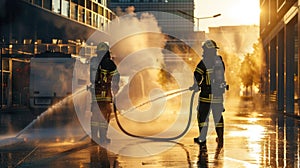 Firefighters extinguishing fire on urban street at sunset. International Firefighters\' Day