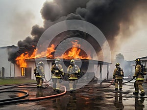 Firefighters are extinguishing a huge fire. Generated with AI photo