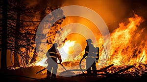 Firefighters fighting a burning forest fire. Generative AI