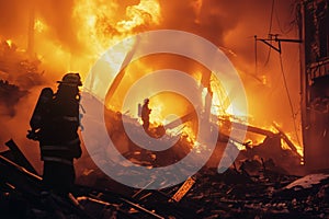 Firefighters fighting a fire in a burning house. Firefighters fighting a fire