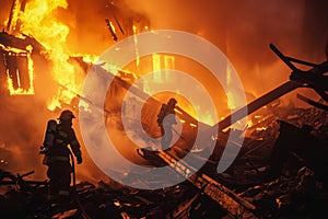 Firefighters fighting a fire in a burnt house with smoke and flames