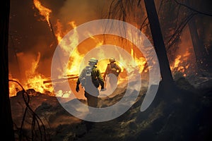 Firefighters fighting a fire in the forest. 3D rendering, Firefighters battling a wildfire, AI Generated
