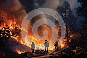 Firefighters fighting a fire in the forest. 3D rendering, Firefighters battling a wildfire, AI Generated