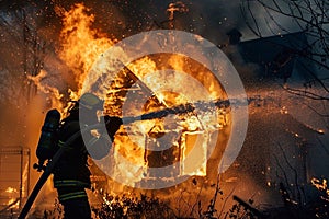 Firefighters fighting a fire in a house.