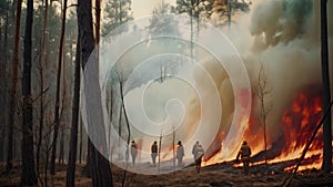Firefighters fighting a forest fire with smoke and flames in the background, forest fire with trees on fire firefighters trying to
