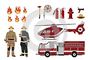 Firefighters and fire fighting equipment on a white background. Helicopter and fireman`s car. Icons of flame and items