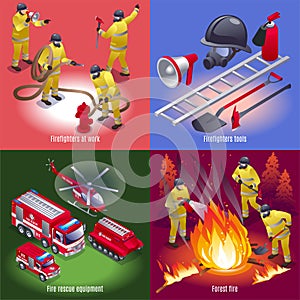Firefighters, fire rescue equipment and tools 2x2, isometric icons isolated background