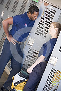 Firefighters in the fire station locker room